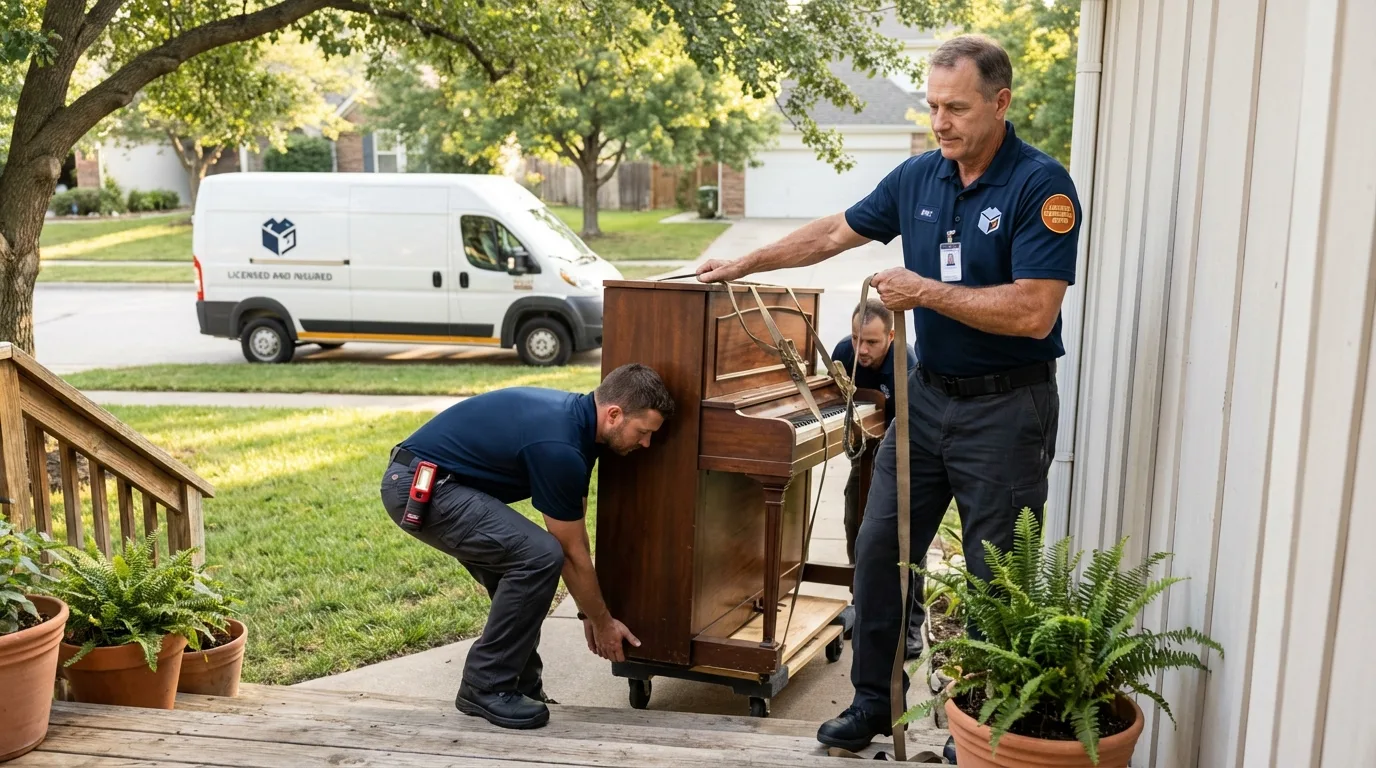 Licensed piano movers securing grand piano in Sylvester, GA