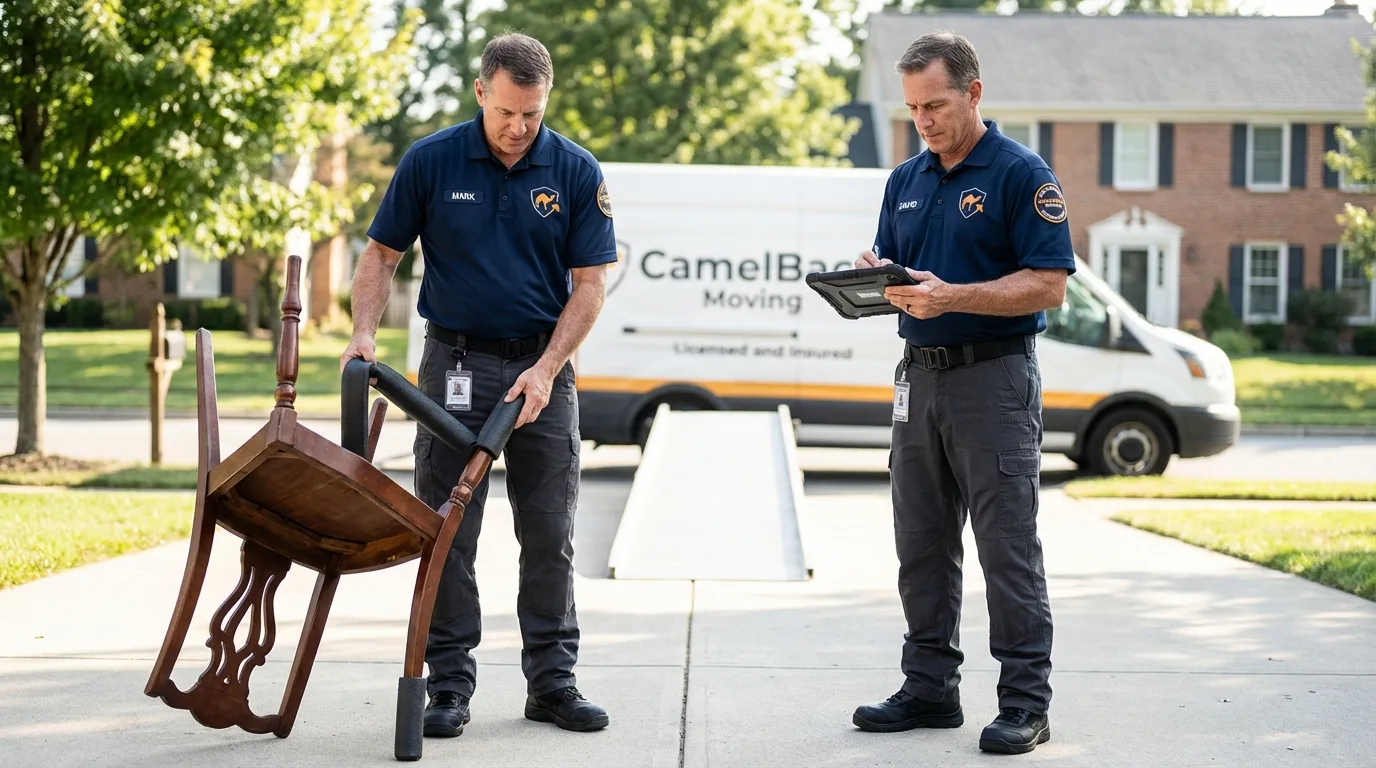 Movers inspecting furniture for damage prevention before loading in Sylvester, GA