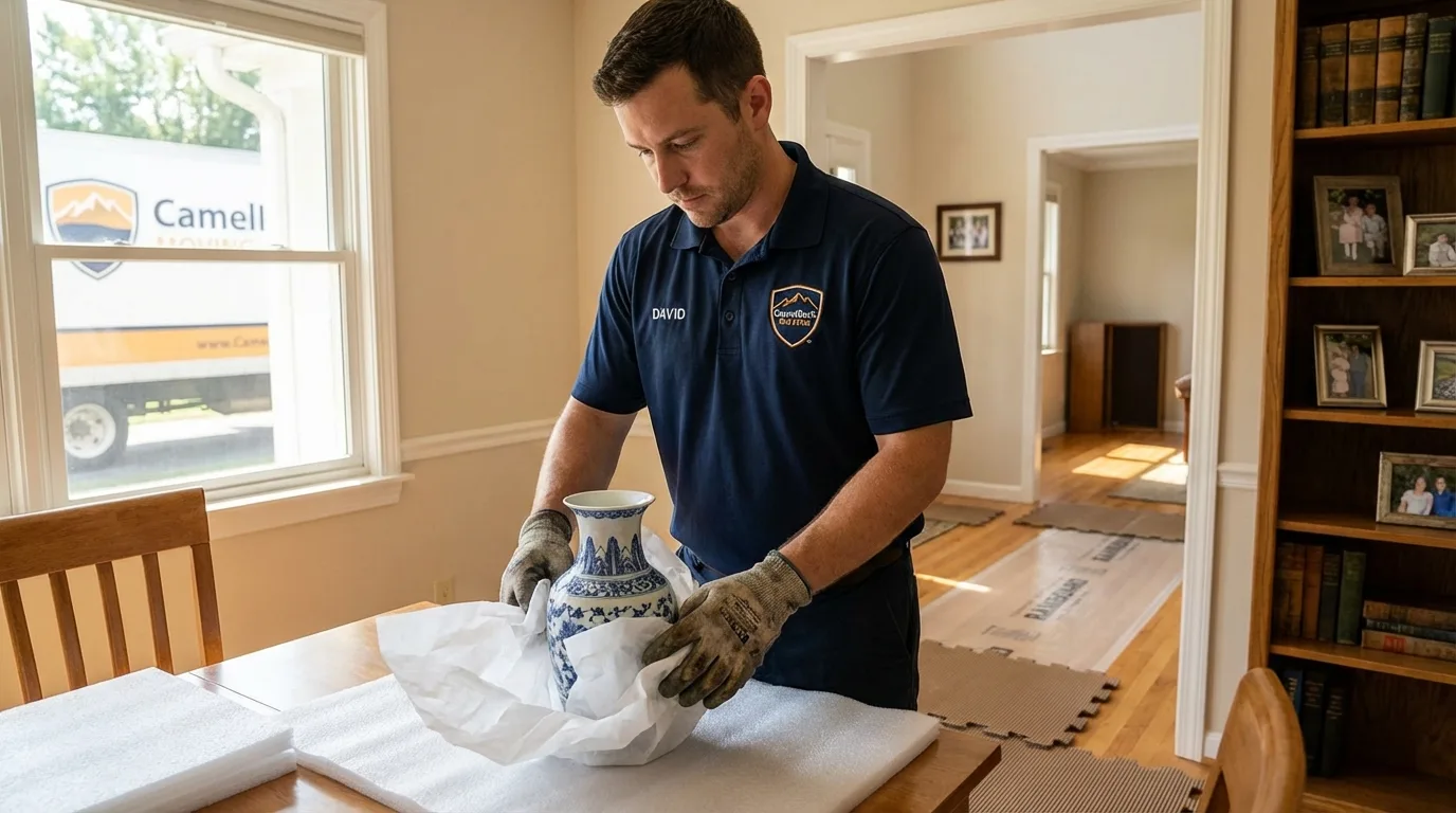 Professional crew carefully wrapping antique vase for senior downsizing move in Sylvester, GA